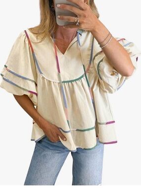 Cream Peasant Pastel Trim babydoll bohemian-style blouse puff sleeve v-neckline